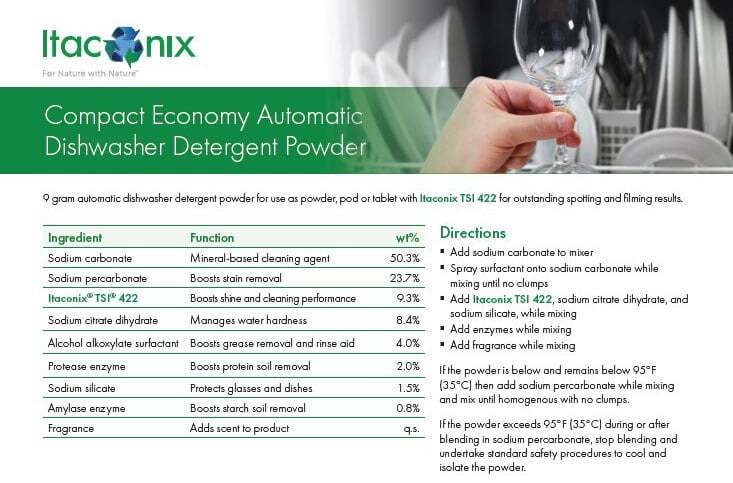 9 gram automatic dishwasher detergent powder for use as powder, pod or tablet with Itaconix TSI 422 for outstanding spotting and filming results.